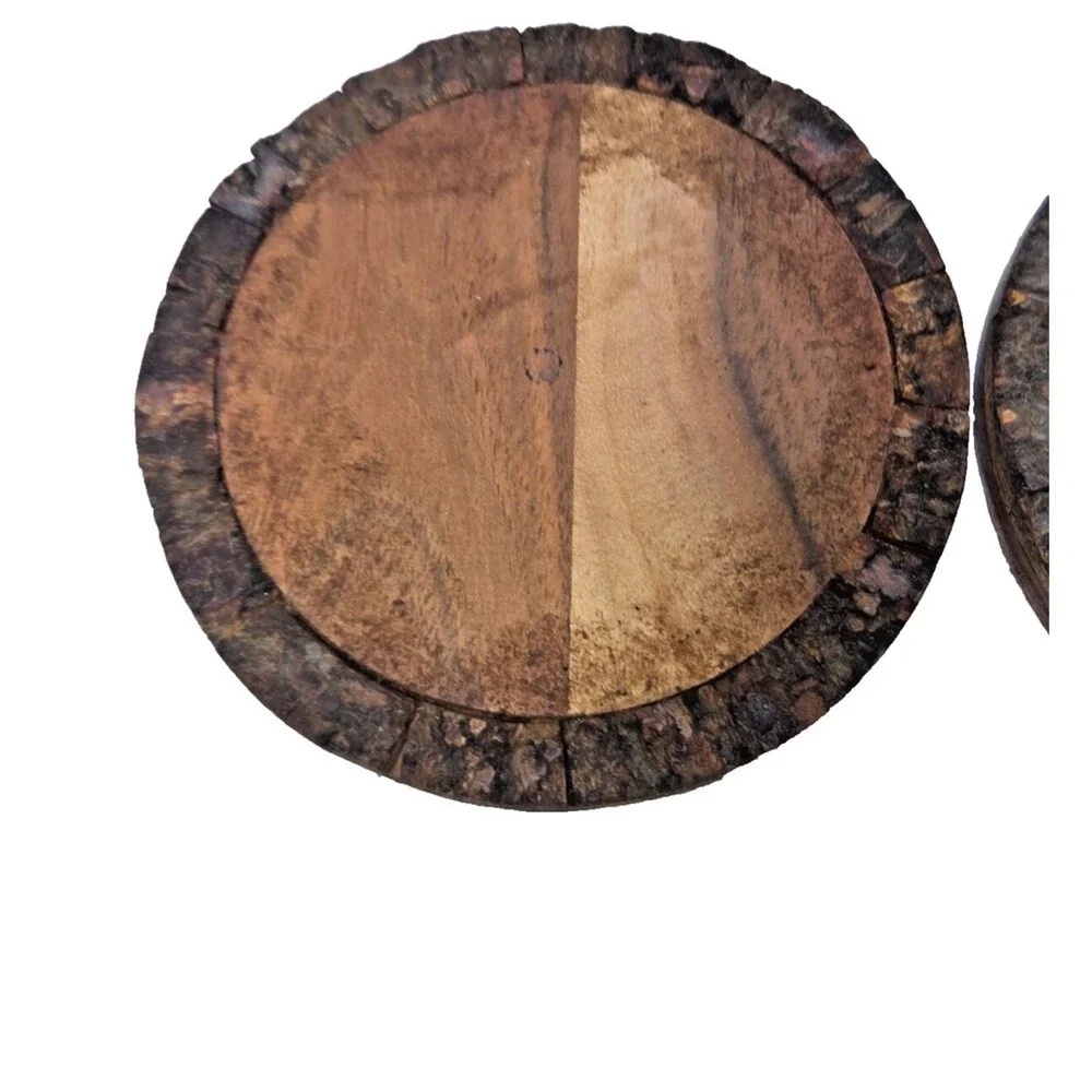 Set of 4 Rustic Primitive Live Edge Wooden Coasters with Holder
